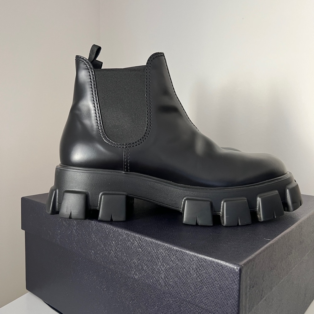 Prada Monolith Brushed Leather Chelsea Boots - Picture 1 of 8